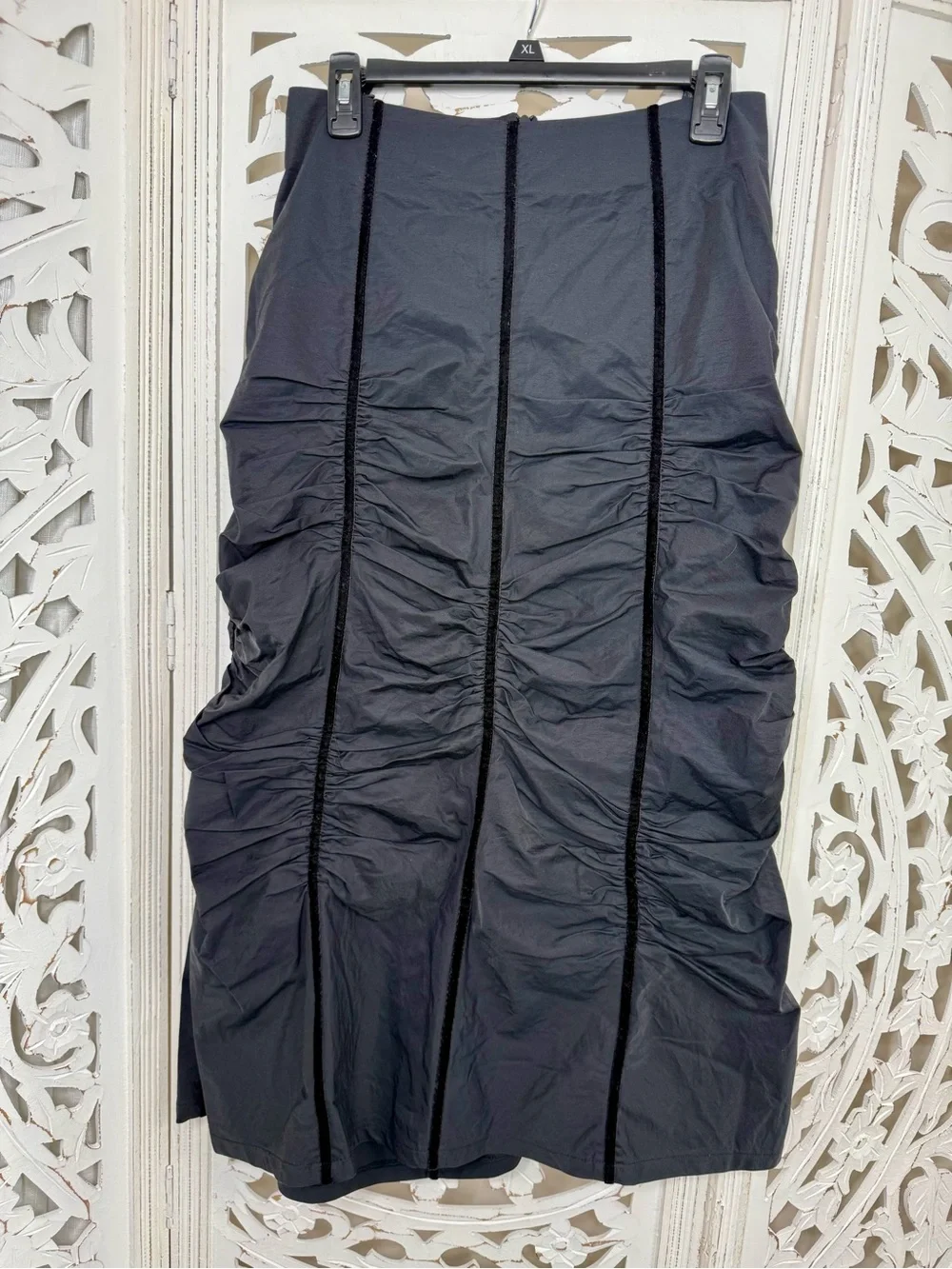 Ronen Chen Black Ruched Velvet Piped Skirt